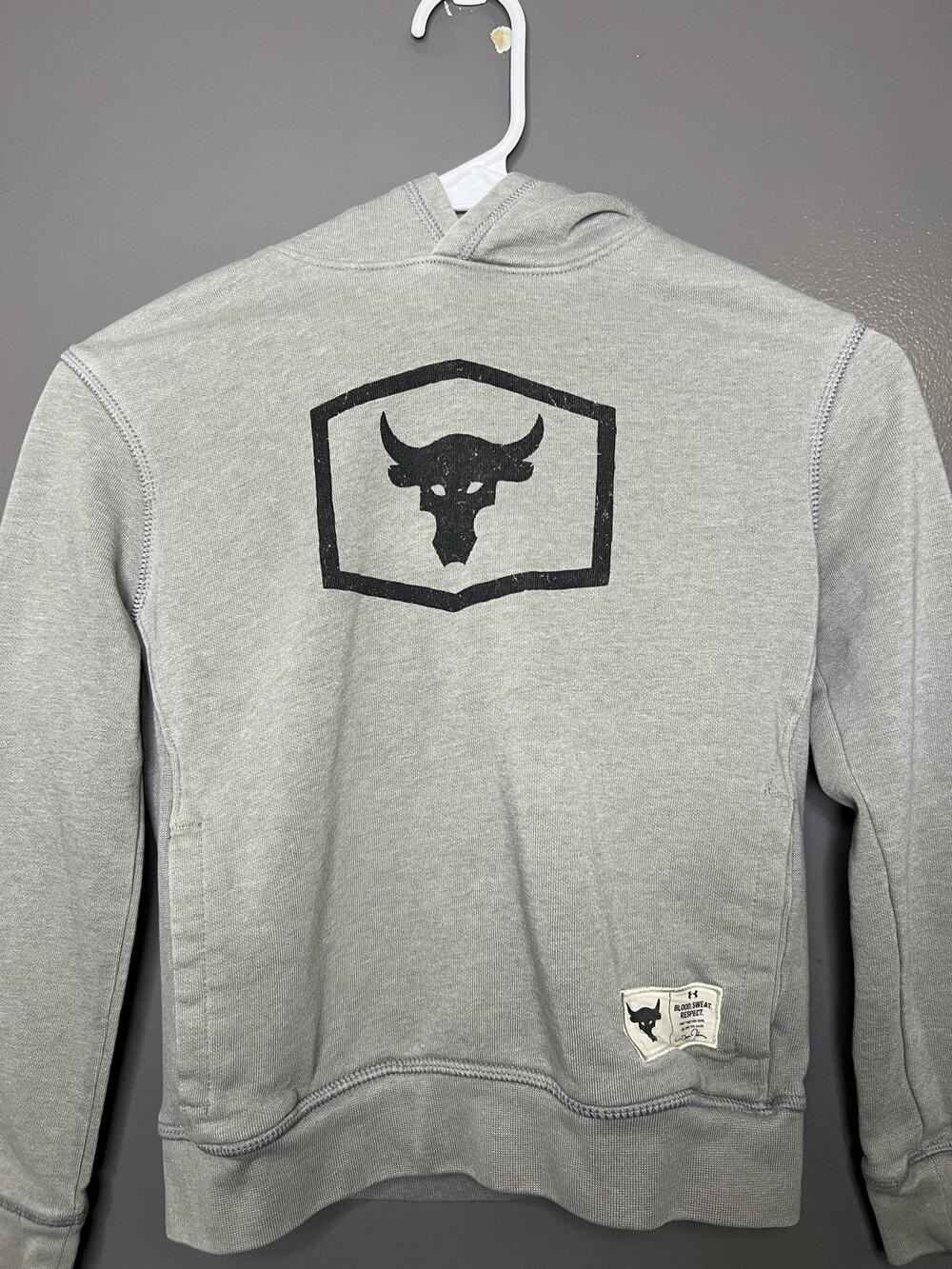 Under Armour Project Rock Hoodie Youth Small Gray Fleece Pullover Sweatshirt